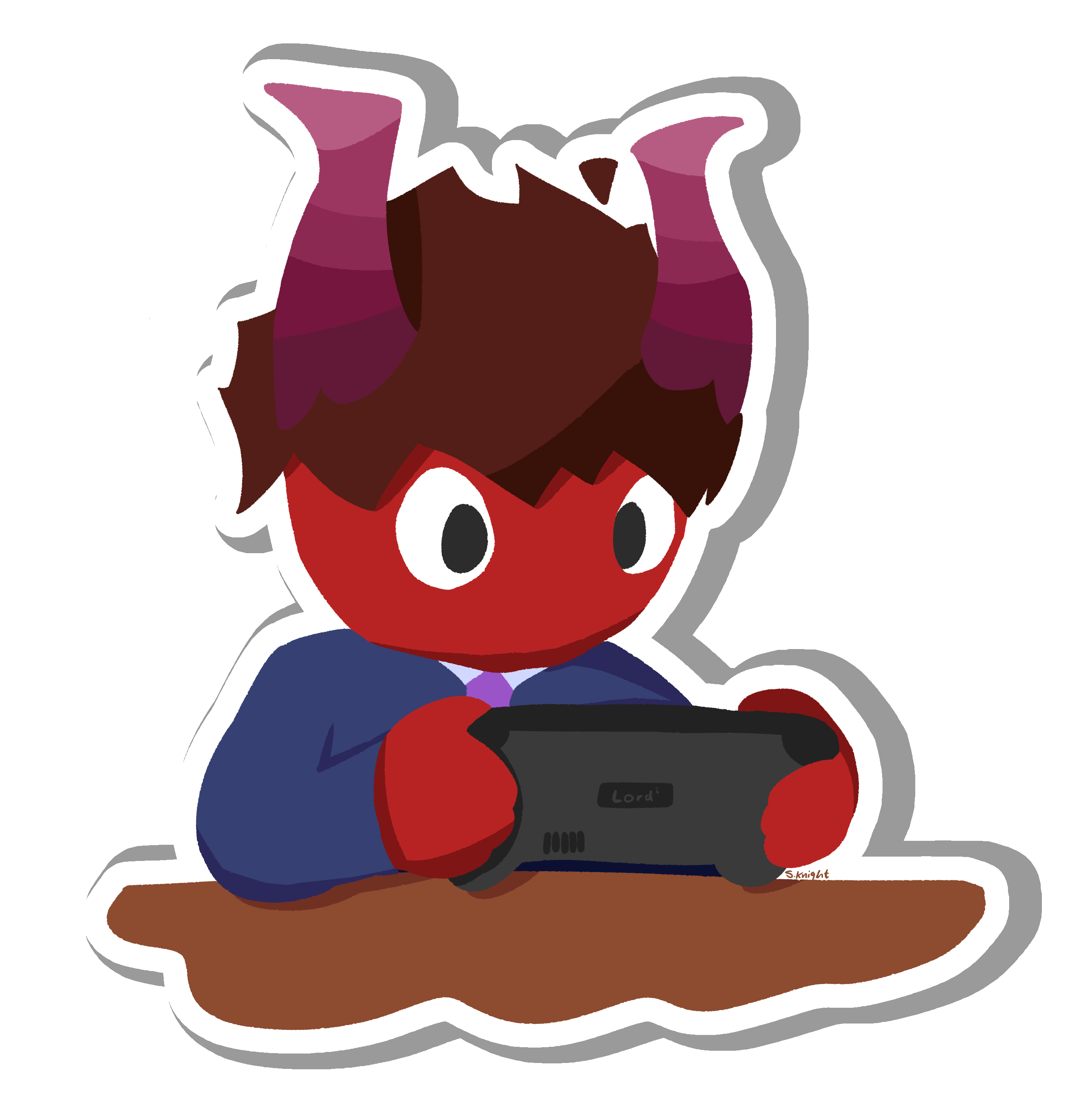 A sticker of my imp character playing on a handheld computer